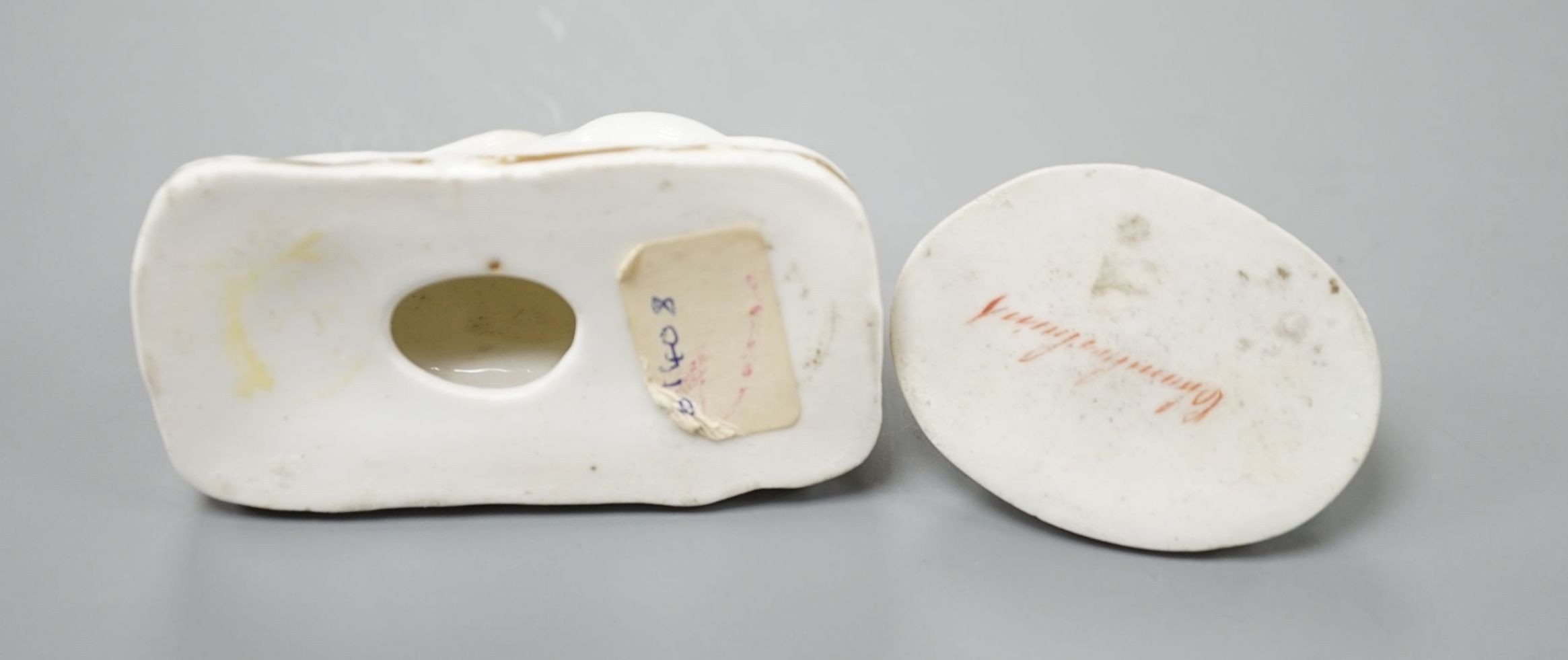 A rare Grainger Lee and co. porcelain model of a recumbent rabbit, c.1820-37, unmarked, 5.8 cm long and a Chamberlains porcelain model a recumbent mouse, c.1820-40, 3.9 cm long, Cf. Dennis G.Rice, English porcelain anima